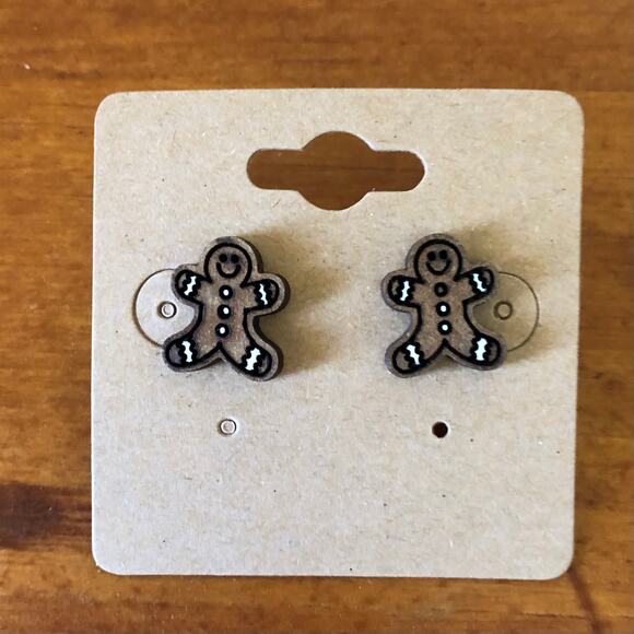Smiling Gingerbread Man Stud Earrings - Hand Painted Wood, Hypoallergenic - Picture 1 of 5